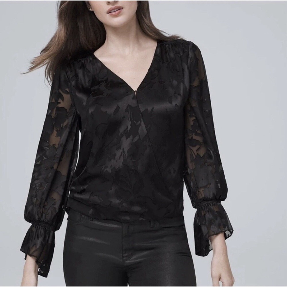White House Black Market Wrap Blouse 6 Silk Blend Floral Burnout Sheer Sleeve